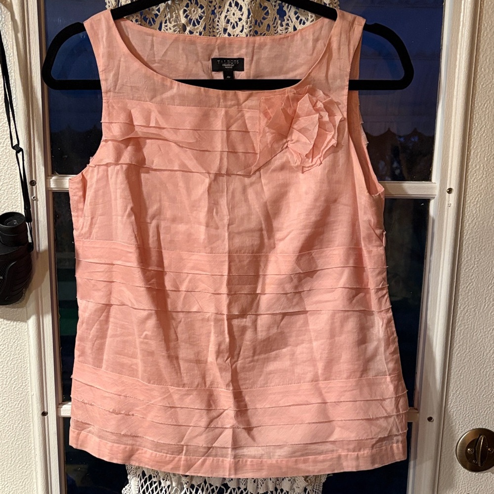 Talbots Peach-Pink Sleeveless Pleated Linen-Blend Camisole with Rosette